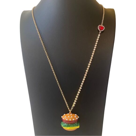 Betsey Johnson Sparkly Hamburger Pendant Necklace. - Picture 1 of 7